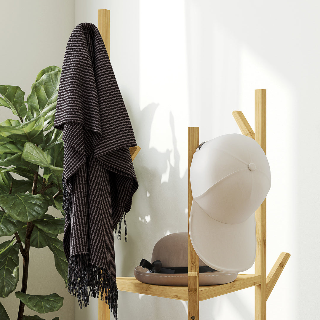 Tøjstativ, bambus træknagerække, 9 knager, 3 hylder, naturfarvet