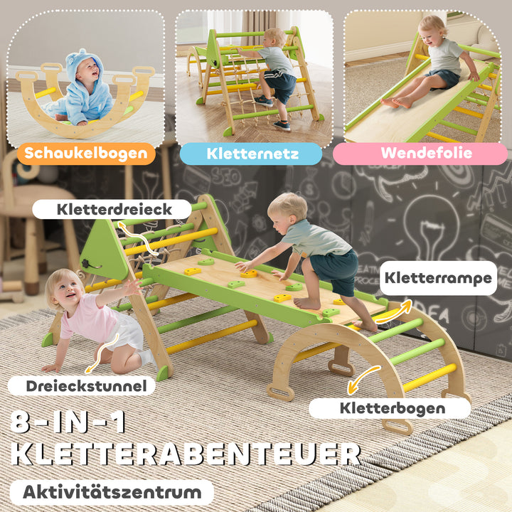 8-i-1 Montessori indendørs klatrestativ, træklatretrekant med klatrebue, dobbeltsidet rutsjebane, grøn