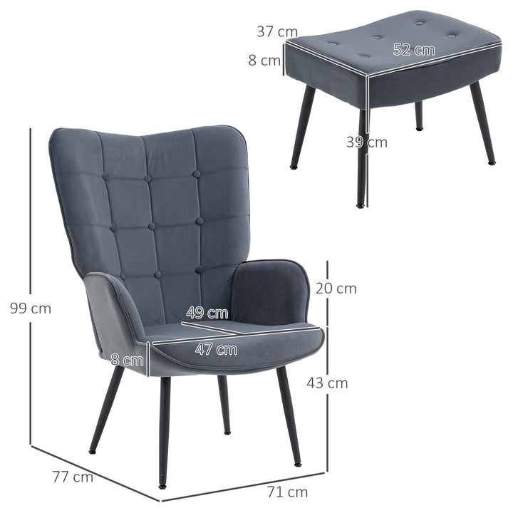 Lænestol med fodskammel, op til 120 kg. knapsøm, mørkegrå