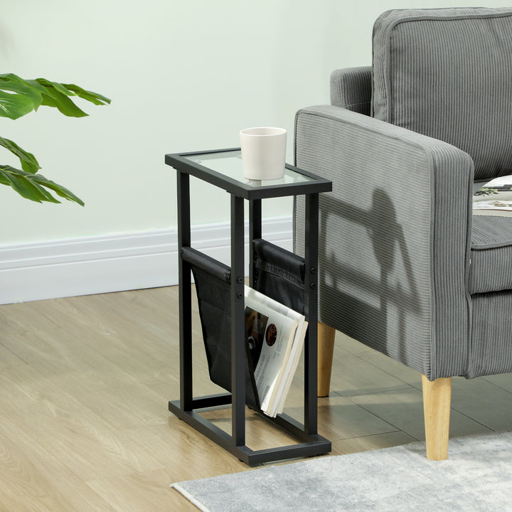 Metal sidebord med stofpose og glasplade, smalt bord til stue, soveværelse, sort