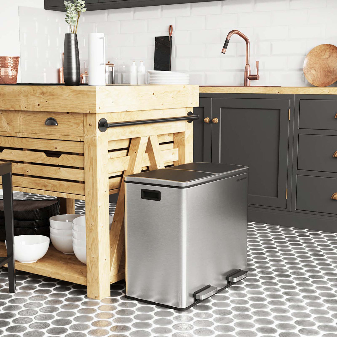 Pedalspand, dobbelt skraldespand, 2 x 24 l, med 2 rum, soft-close låg, pedaler, indvendige spande i plast og bæregreb, sølvfarvet