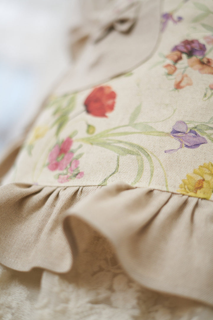 Flæseforklæde til damer i bomuld-hør-mix, printet, Blossom kollektion