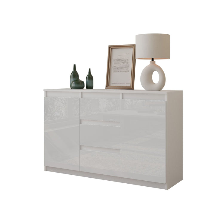 MIKEL - Kommode med 3 skuffer - mat hvid / højglans hvid H75cm B120cm D35cm
