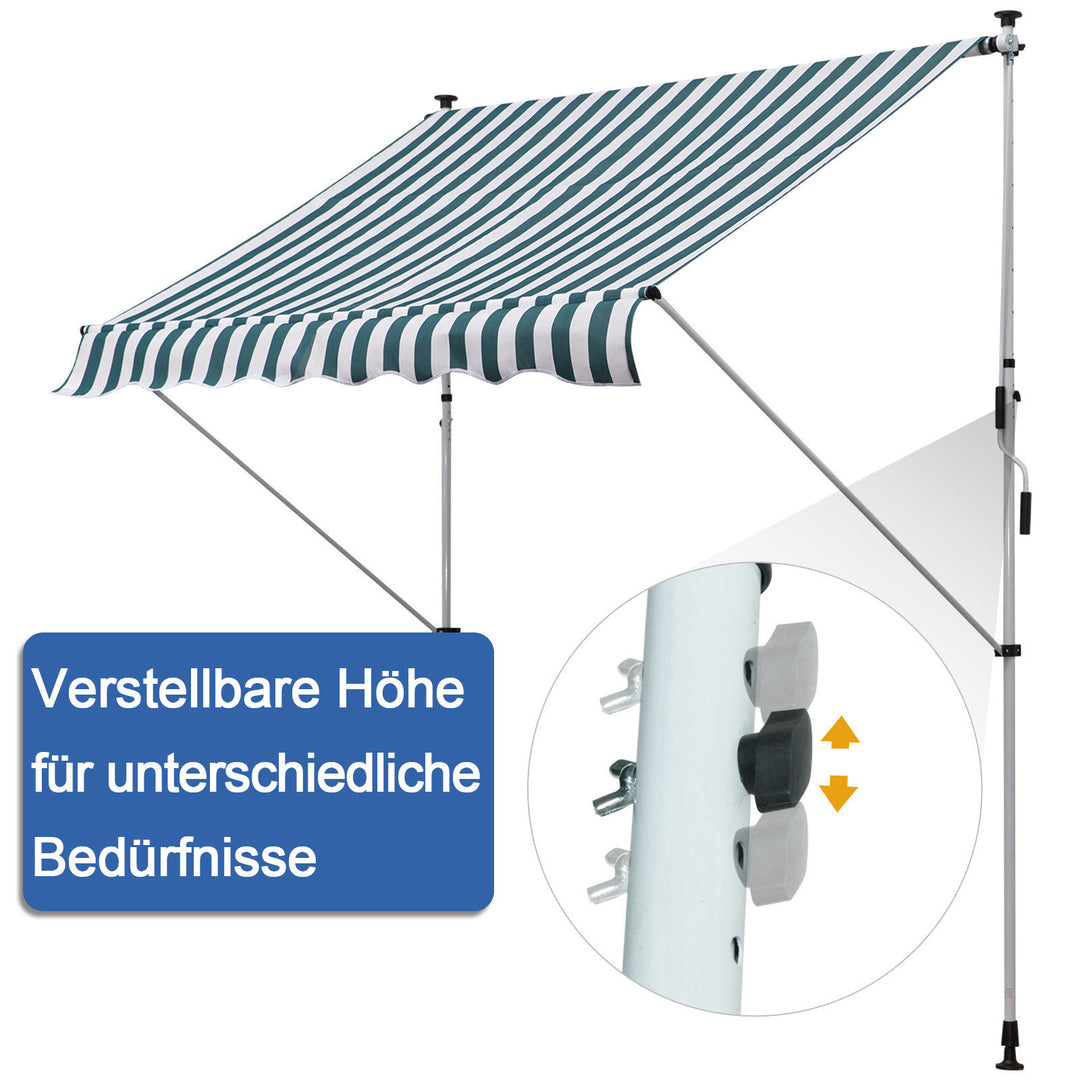Klemmemarkise med håndsving, højdejusterbar, leddelt armmarkise, smudsafvisende, vejrbestandig, balkonmarkise 150 cm bred, terrassemarkise til terrasse, balkon, veranda, grøn