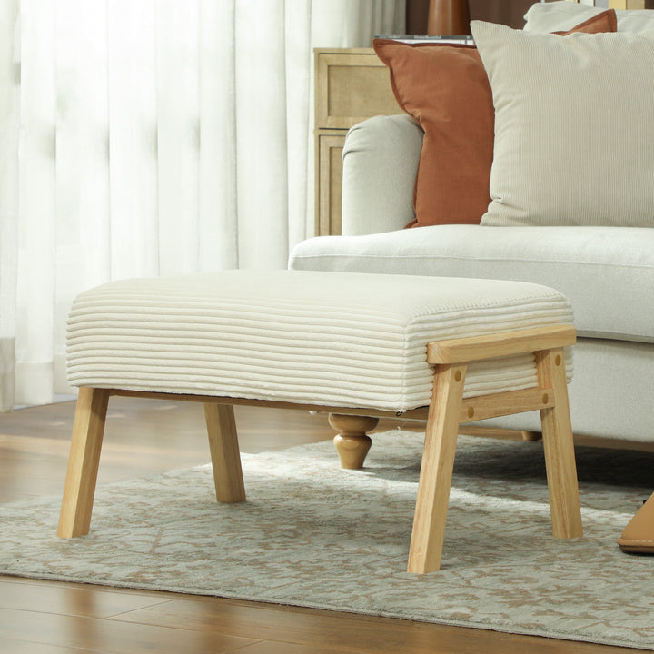 Skammel med blød sædehynde, træben, fodskammel med corduroy-look, cremehvid