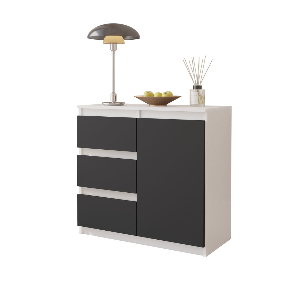 MIKEL – Kommode med 3 skuffer og 1 dør – hvid mat / antracitgrå H75 cm B80 cm D35 cm