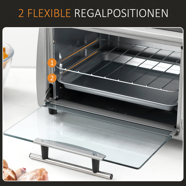 Miniovn 10 L 750W 100-230℃ 60 min timer med bageplade, grillrist og aftagelig bundplade, pizzaovn sølv