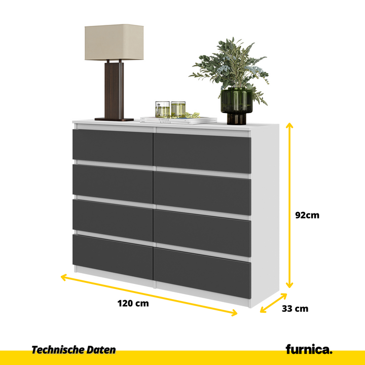 GABRIEL – kommode / sideboard med 8 skuffer – mat hvid / antracit – H92 cm B120 cm D33 cm