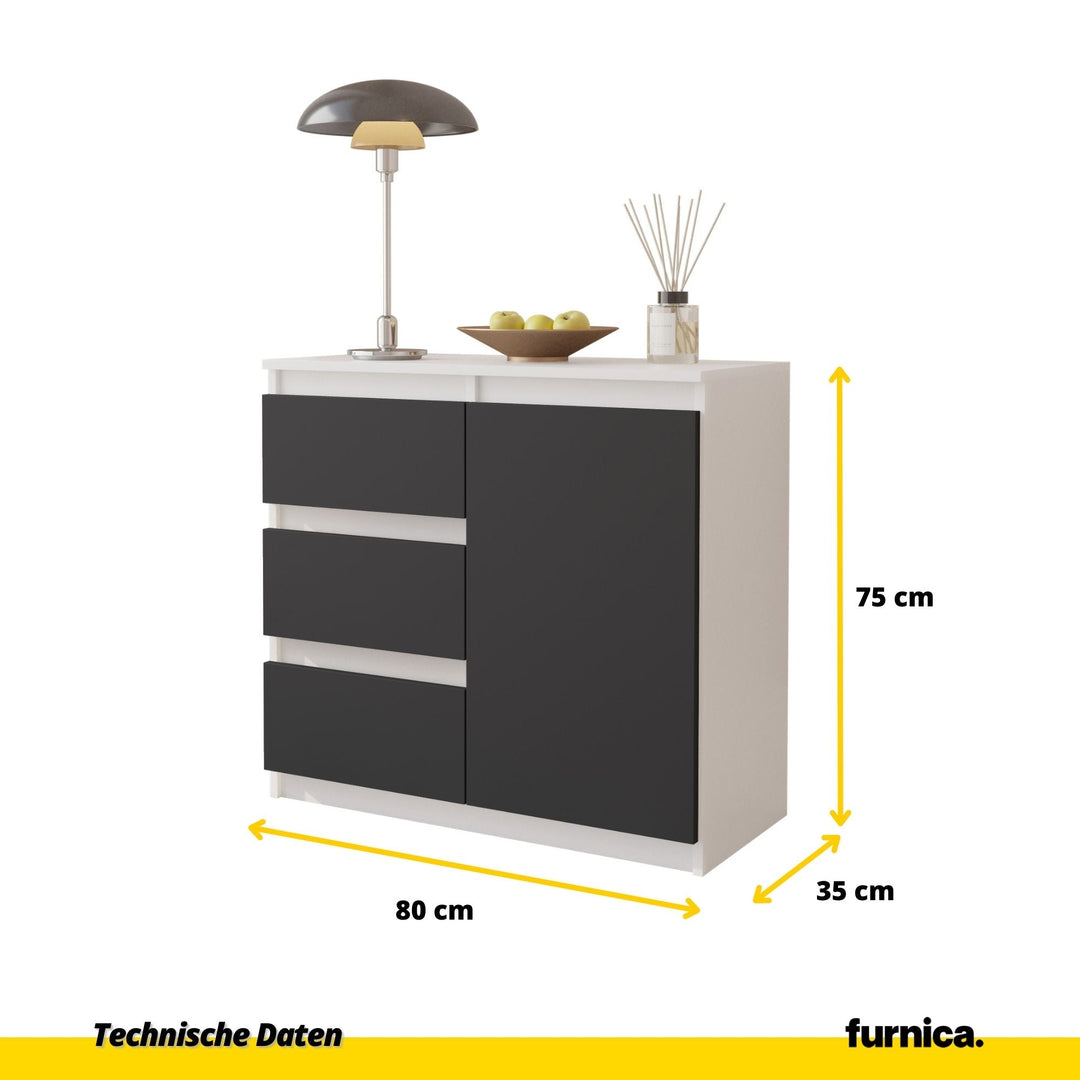MIKEL – Kommode med 3 skuffer og 1 dør – hvid mat / antracitgrå H75 cm B80 cm D35 cm