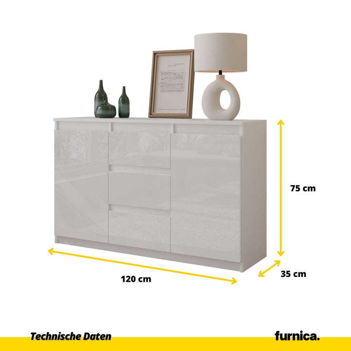 MIKEL - Kommode med 3 skuffer - mat hvid / højglans hvid H75cm B120cm D35cm