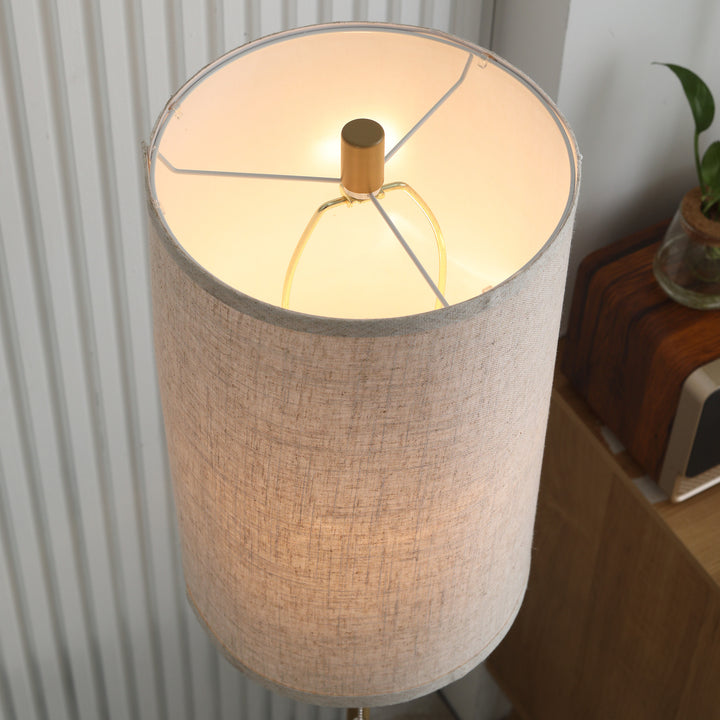 Gulvlampe, elegant stålgulvlampe med stofskærm, stuelampe, trækkædeafbryder, guld+hvid