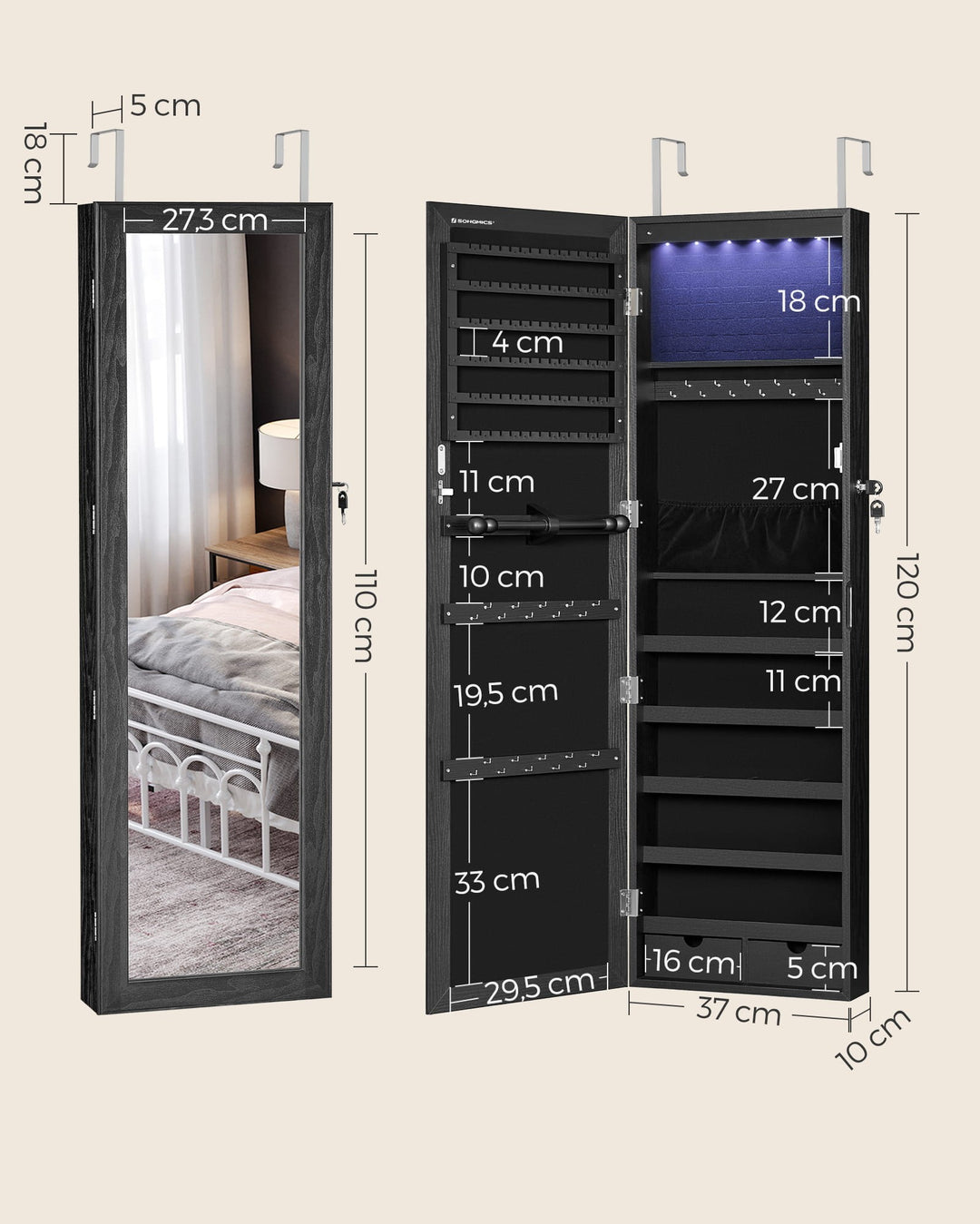 Smykkeskab med spejl og LED – elegant 2-i-1 løsning