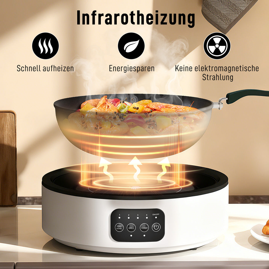 Dobbelt keramisk kogeplade, 2-i-1 design, til madlavning og grillning, 2000W, 4 varmeindstillinger, LED-display, drypbakke, hvid