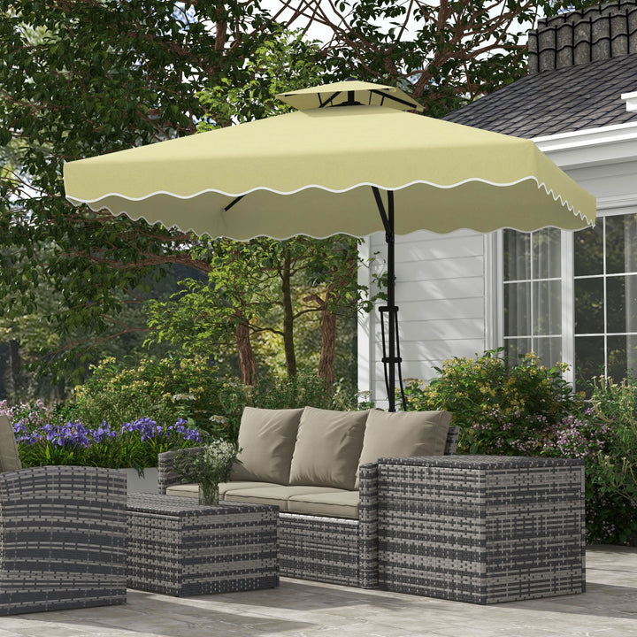Haveparasol, hængende parasol, dekorativ kant, ventileret tag, metalramme, 2,4x2,4x2,6m, beige