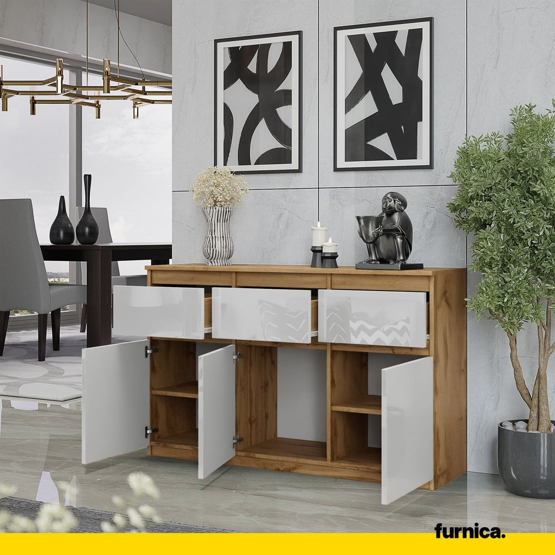 NOAH - Kommode med 3 skuffer - naturfarvet / højglans hvid H75cm B120cm D35cm