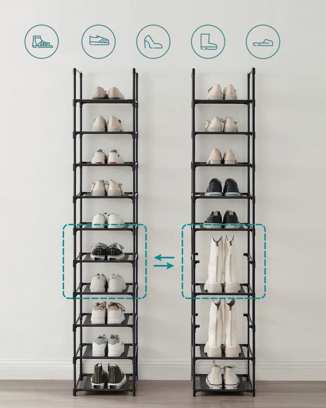 Pladsbesparende skoreol i industrielt design – OSKAR 10 hylder