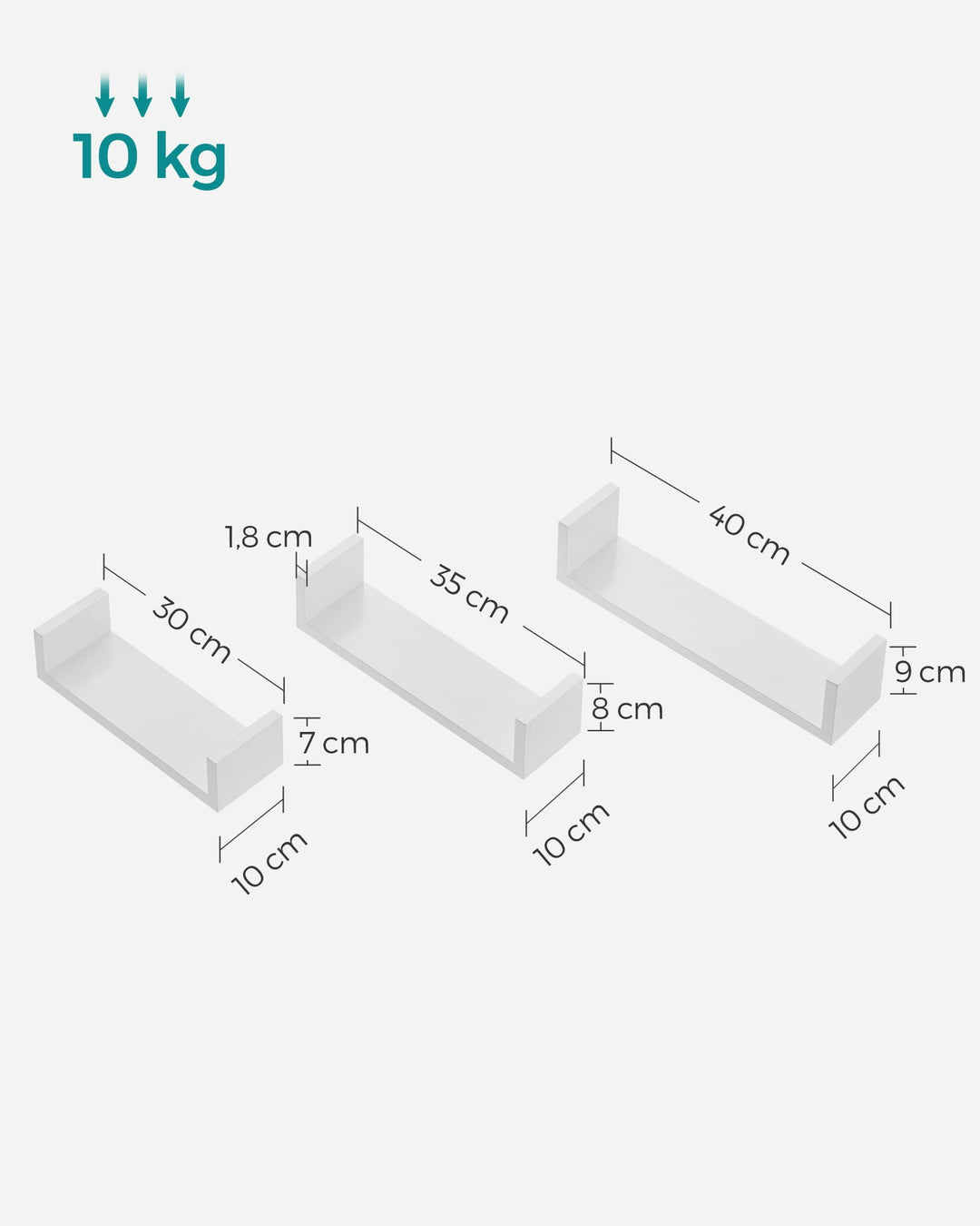 Sæt med 3 hylder, hvid