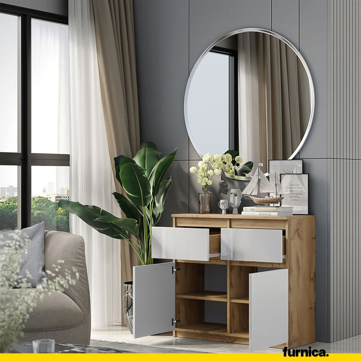 NOAH - Kommode med 3 skuffer - naturfarvet / højglans hvid H75cm B80cm D35cm