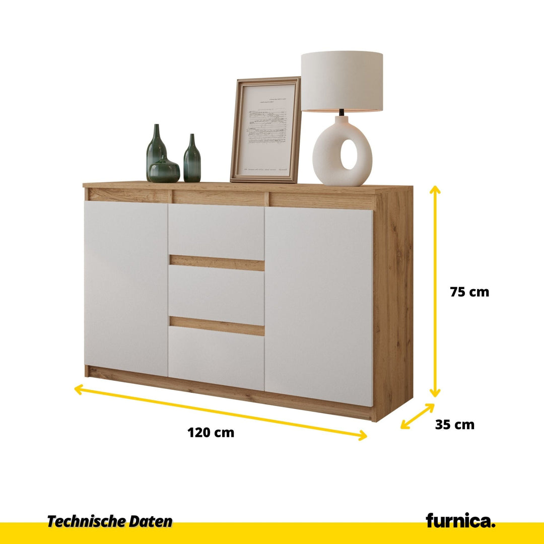MIKEL - Kommode med 3 skuffer - naturfarvet / mat hvid H75cm B120cm D35cm