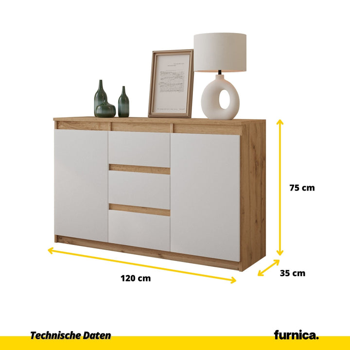 MIKEL - Kommode med 3 skuffer - naturfarvet / mat hvid H75cm B120cm D35cm