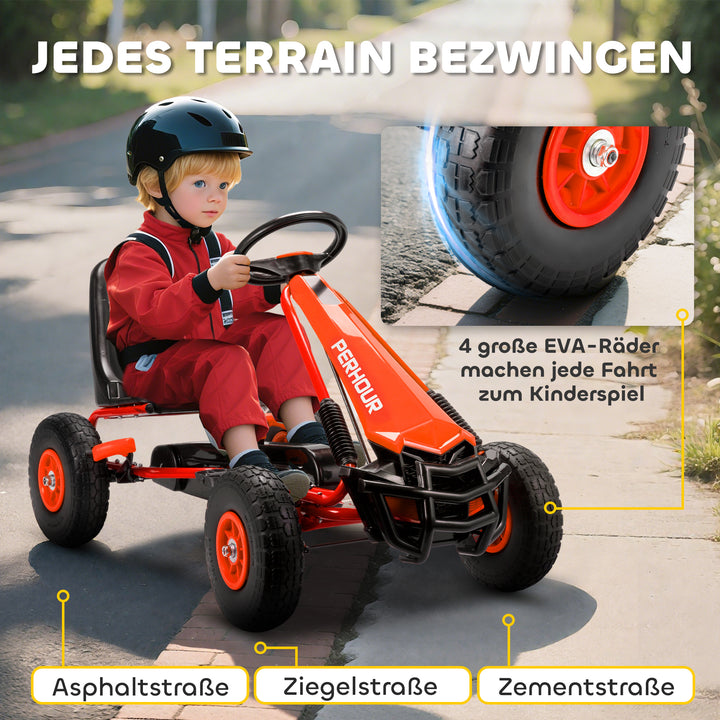 Pedal-gokart til børn, højdejusterbart sæde, EVA-hjul, bremse, kobling, alder 3-8, rød