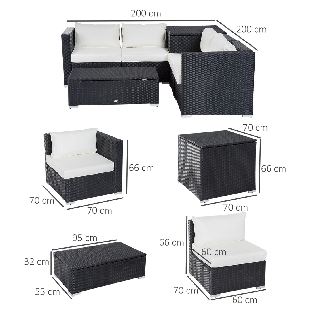 Havemøbelsæt i polyrattan til 4 personer, siddegruppe med hynder, siddegruppebord med opbevaringsplads, sort+creme