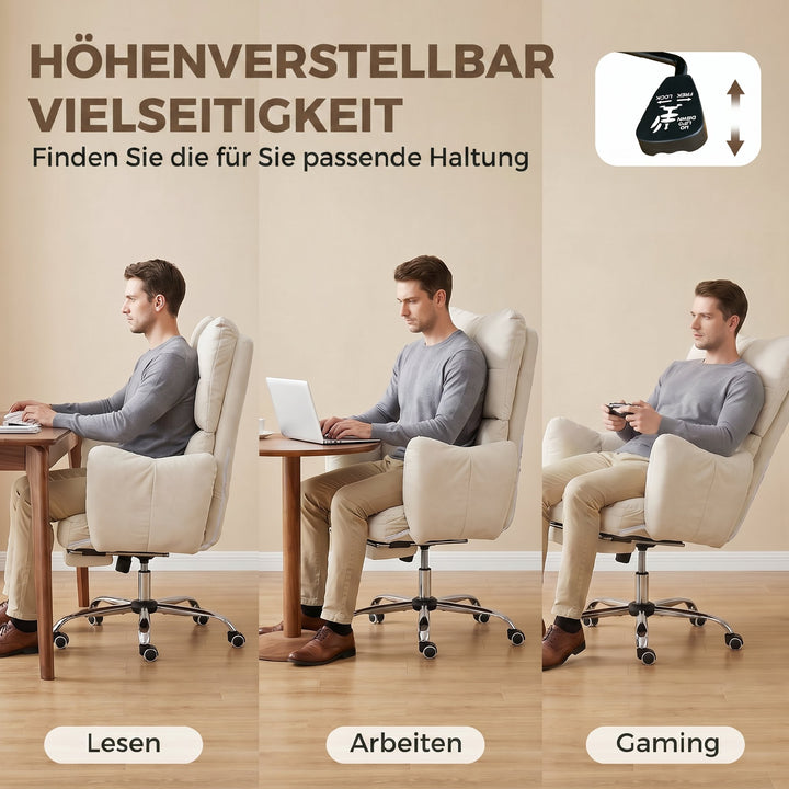 Kontorstol med fodstøtte, ergonomisk drejestol med vippefunktion, justerbar høj ryglæn, sneflannelstof