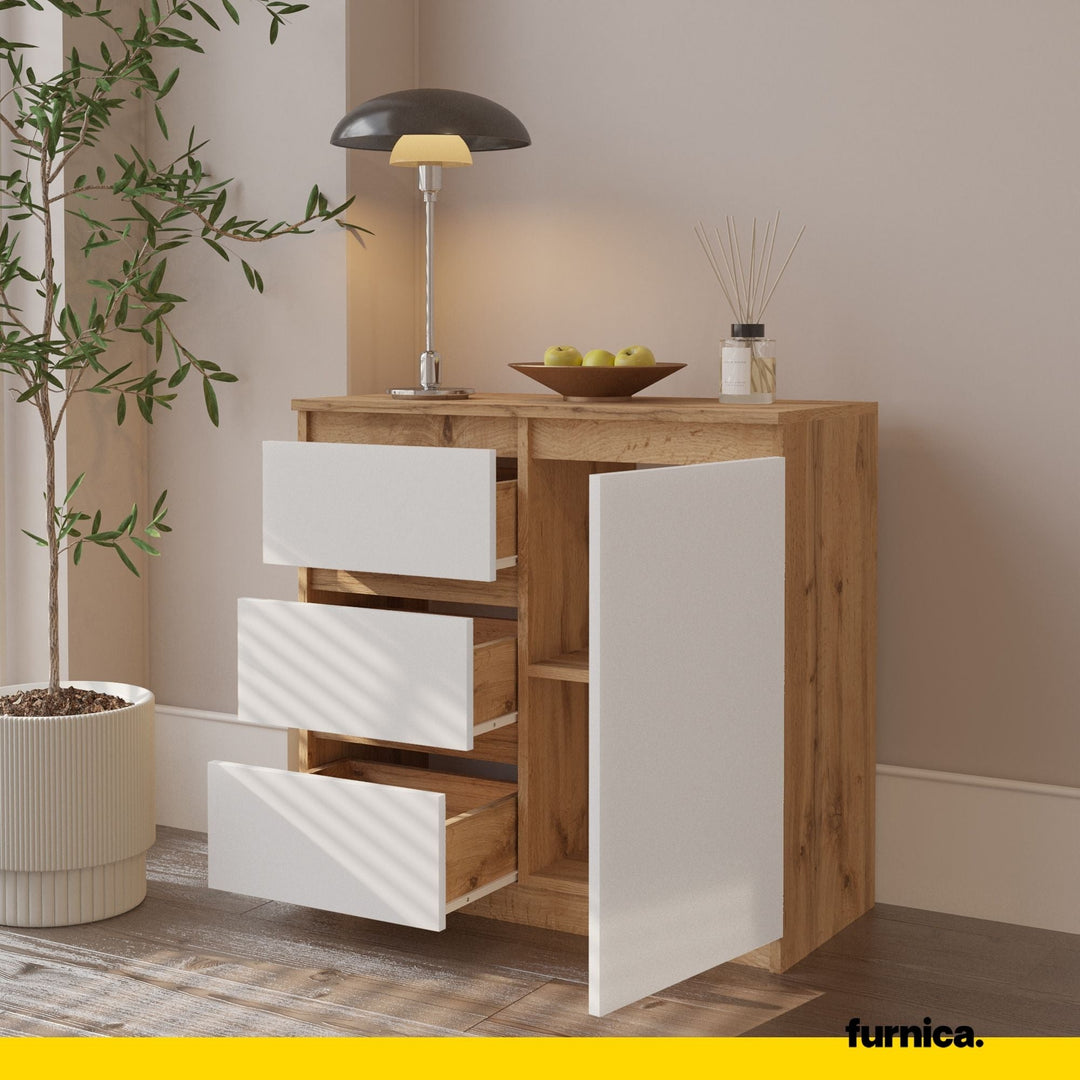 MIKEL - Kommode med 3 skuffer - naturfarvet / mat hvidt H75cm B80cm D35cm