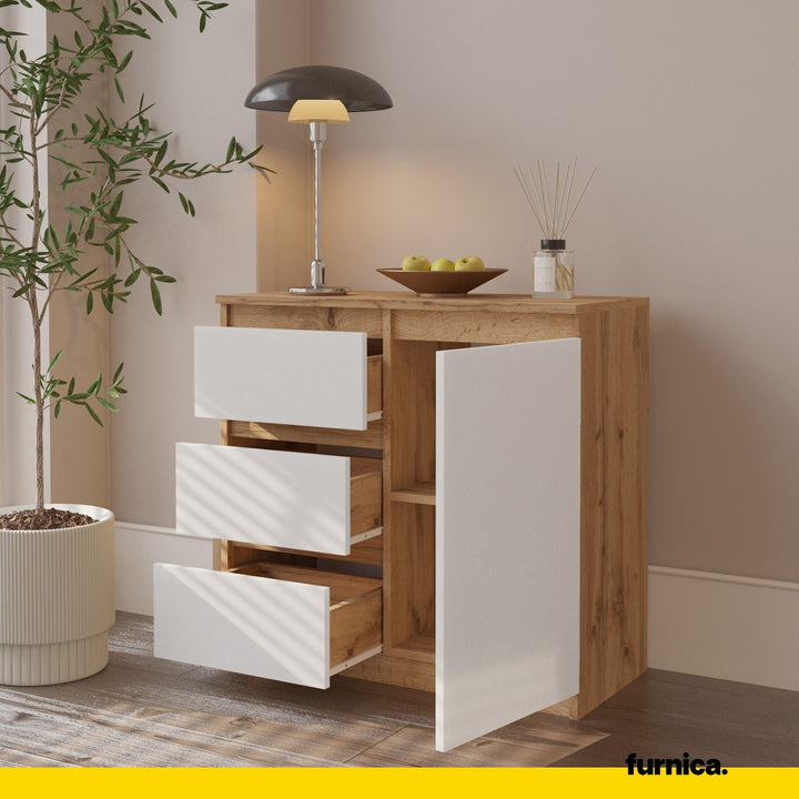 MIKEL - Kommode med 3 skuffer - naturfarvet / mat hvidt H75cm B80cm D35cm