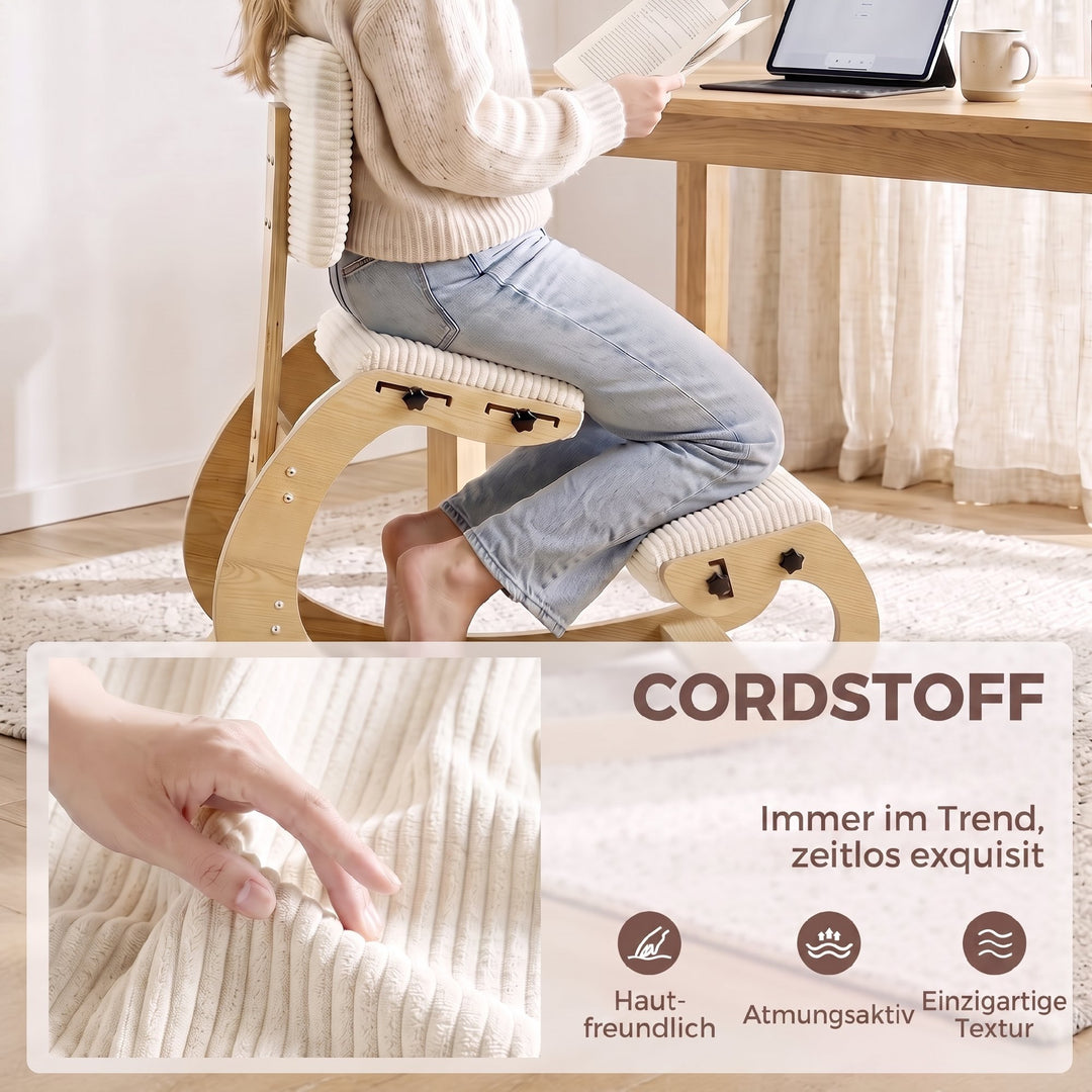 Ergonomisk knælestol med ryglæn, corduroy-look, cremehvid