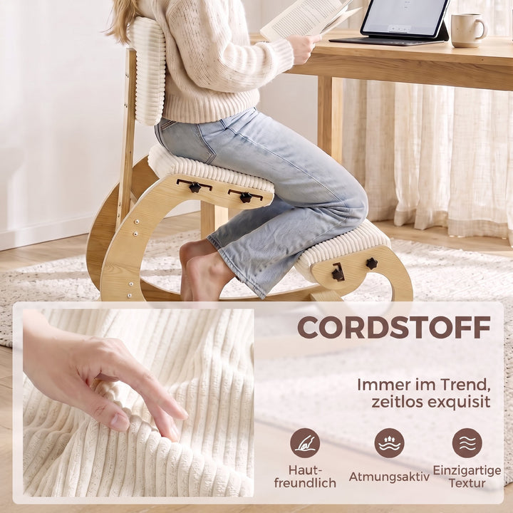 Ergonomisk knælestol med ryglæn, corduroy-look, cremehvid