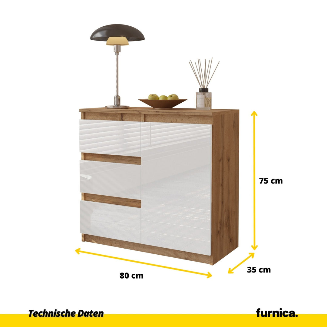 MIKEL - Kommode med 3 skuffer - naturfarvet / højglans hvid H75cm B80cm D35cm