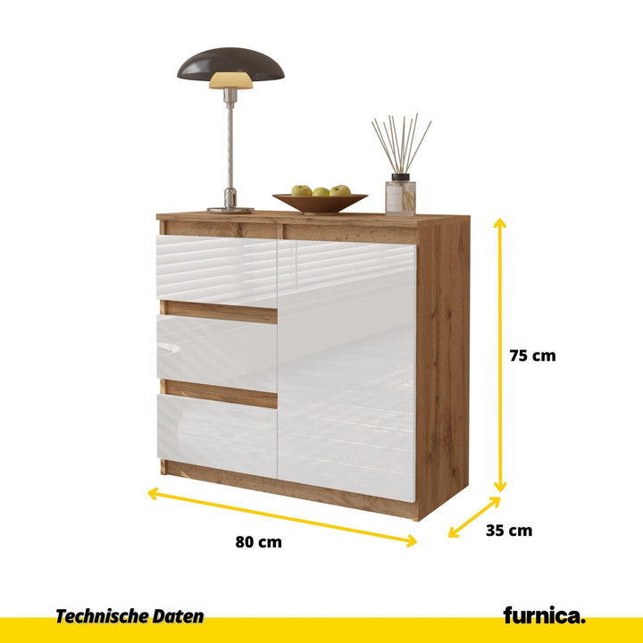 MIKEL - Kommode med 3 skuffer - naturfarvet / højglans hvid H75cm B80cm D35cm