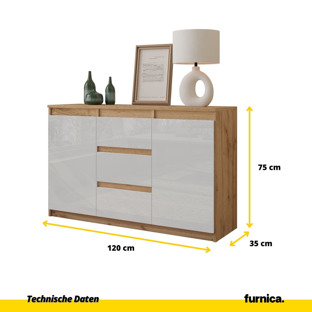 MIKEL - Kommode med 3 skuffer - naturfarvet / højglans hvid H75cm B120cm D35cm
