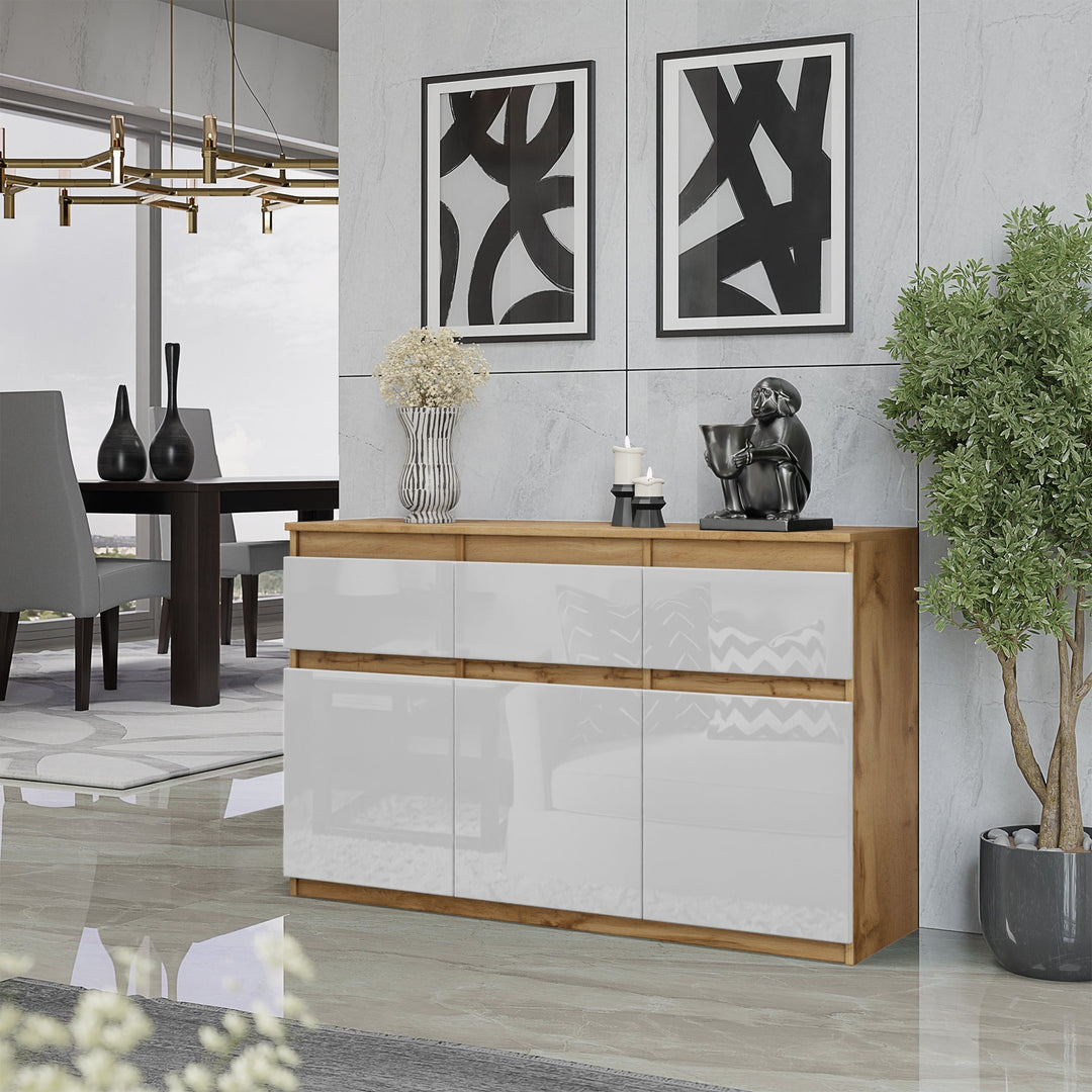 NOAH - Kommode med 3 skuffer - naturfarvet / højglans hvid H75cm B120cm D35cm