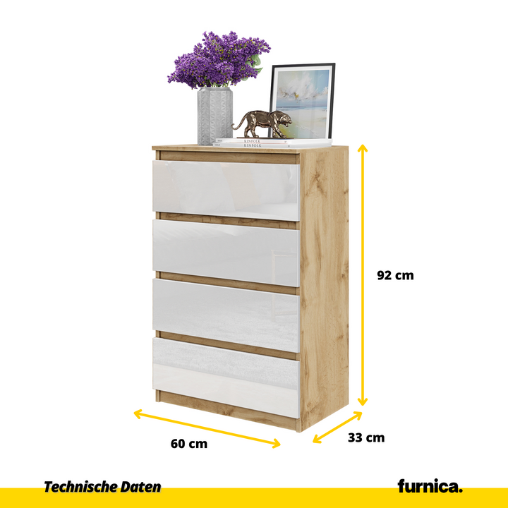 GABRIEL - Kommode / skænk med 4 skuffer - Wotan Eg / Hvid Højglans - H92cm B60cm D33cm