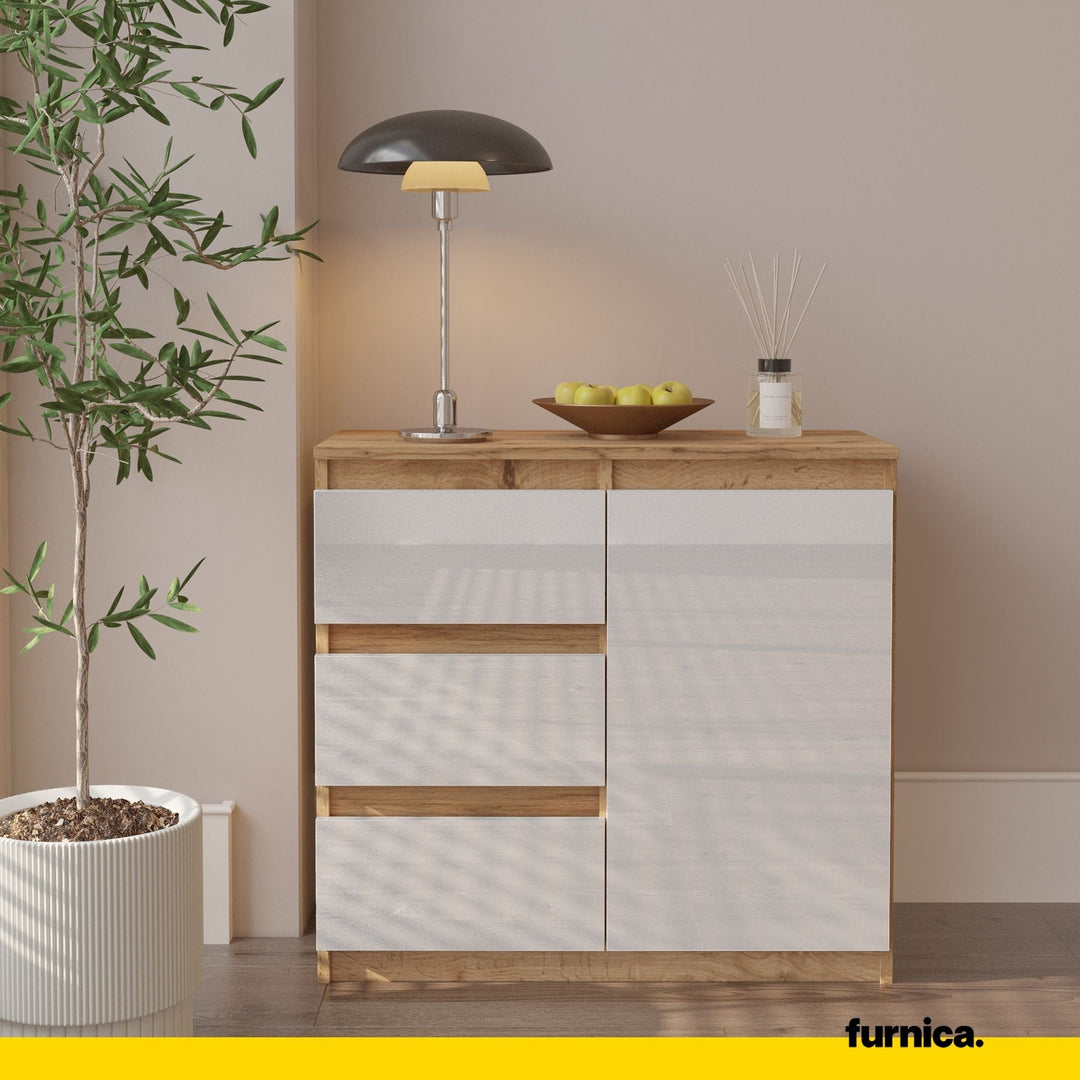 MIKEL - Kommode med 3 skuffer - naturfarvet / højglans hvid H75cm B80cm D35cm