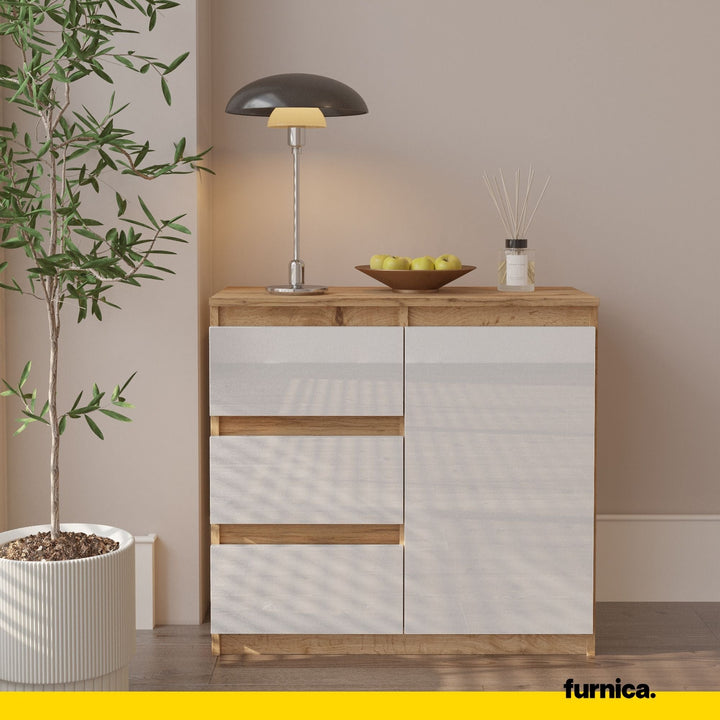 MIKEL - Kommode med 3 skuffer - naturfarvet / højglans hvid H75cm B80cm D35cm