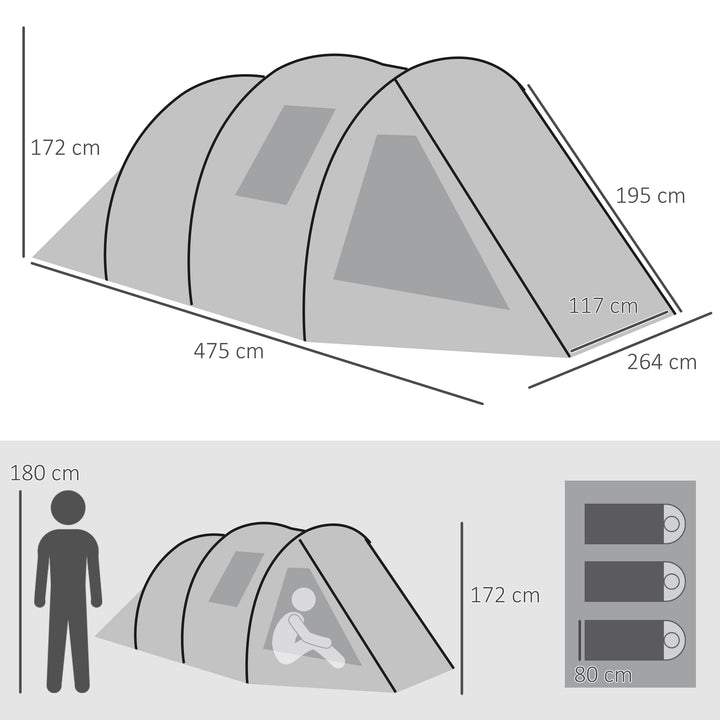 Campingtelt til 3-4 personer, to indvendige rum, netvinduer, grøn, 4,75 x 2,64 x 1,72 m