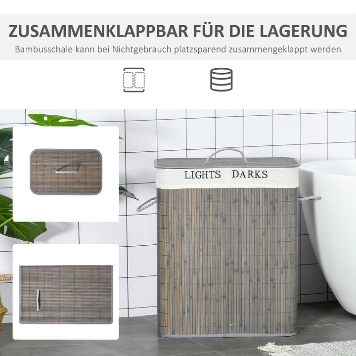 100L vasketøjskurv med 3 håndtag, med vaskbar vasketøjspose, bambus, polyester, bomuld, metal, 52 x 32 x 63 cm, grå