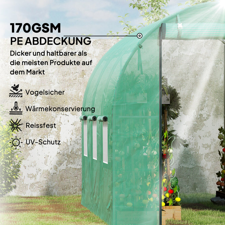 Polytunnel drivhus med plastikdæksel og stålramme, walk-in drivhustelt med rulledøre, grøn