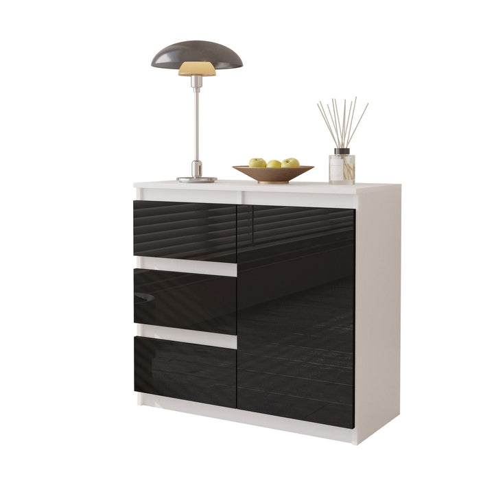MIKEL - Kommode med 3 skuffer - mat hvid / højglans sort H75cm B80cm D35cm