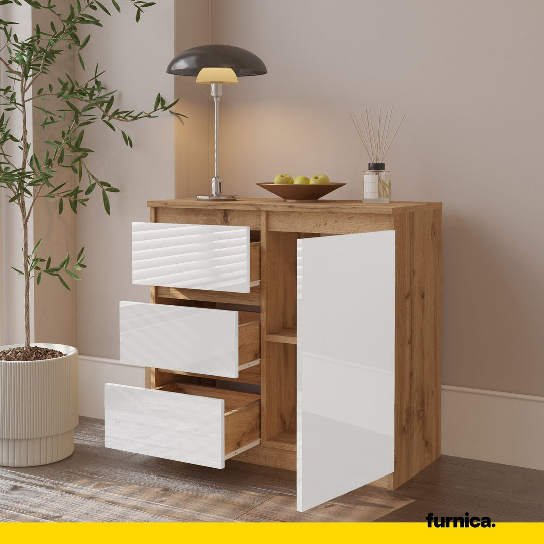 MIKEL - Kommode med 3 skuffer - naturfarvet / højglans hvid H75cm B80cm D35cm