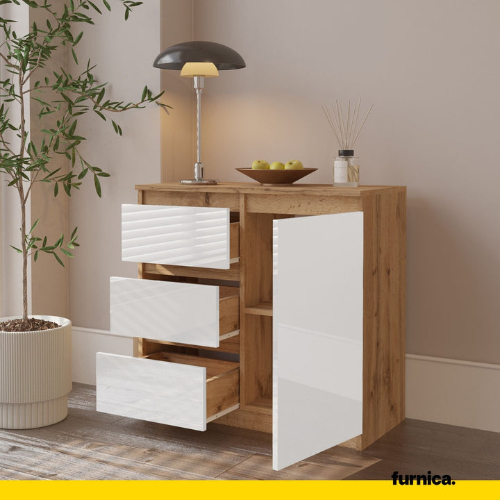 MIKEL - Kommode med 3 skuffer - naturfarvet / højglans hvid H75cm B80cm D35cm