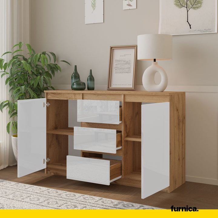 MIKEL - Kommode med 3 skuffer - naturfarvet / højglans hvid H75cm B120cm D35cm