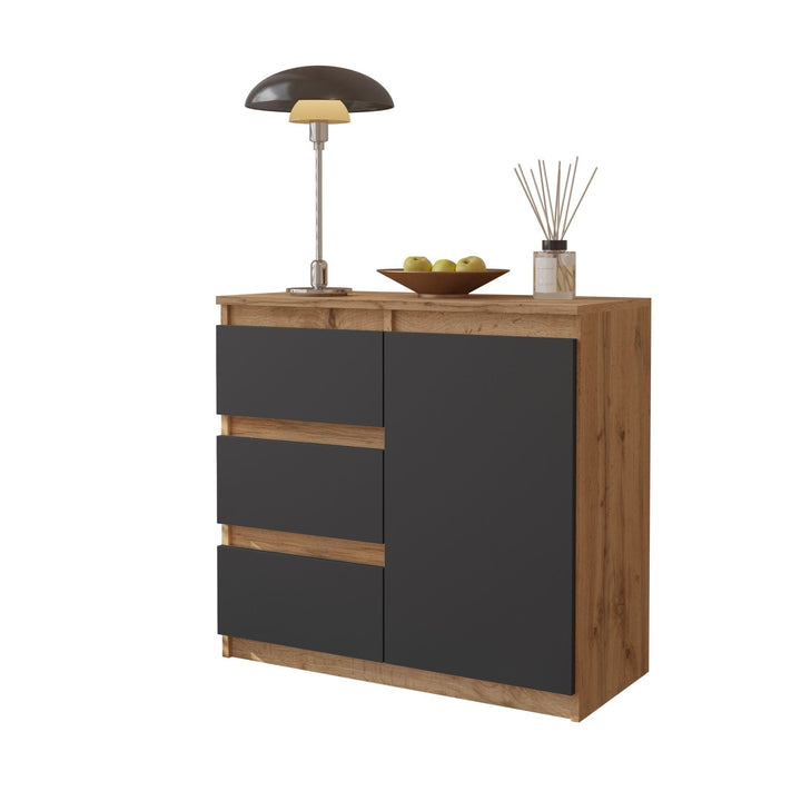 MIKEL - Kommode med 3 skuffer - naturfarvet / antracit-grå H75cm B80cm D35cm