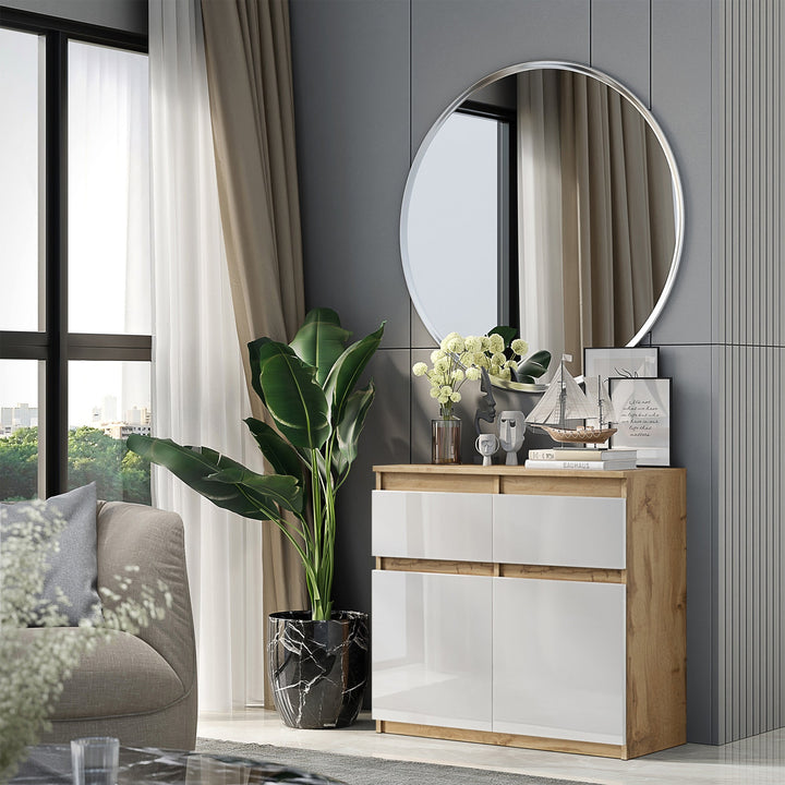 NOAH - Kommode med 3 skuffer - naturfarvet / højglans hvid H75cm B80cm D35cm