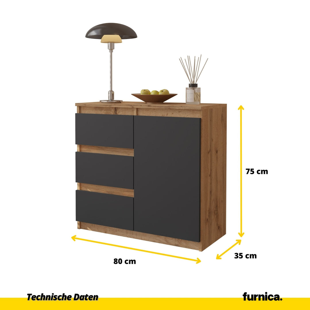 MIKEL - Kommode med 3 skuffer - naturfarvet / antracit-grå H75cm B80cm D35cm