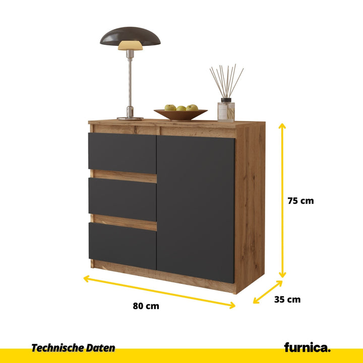 MIKEL - Kommode med 3 skuffer - naturfarvet / antracit-grå H75cm B80cm D35cm