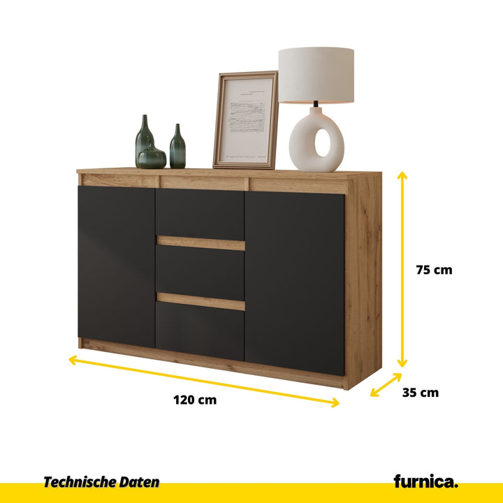 MIKEL - Kommode med 3 skuffer - naturfarvet / antracit-grå H75cm B120cm D35cm